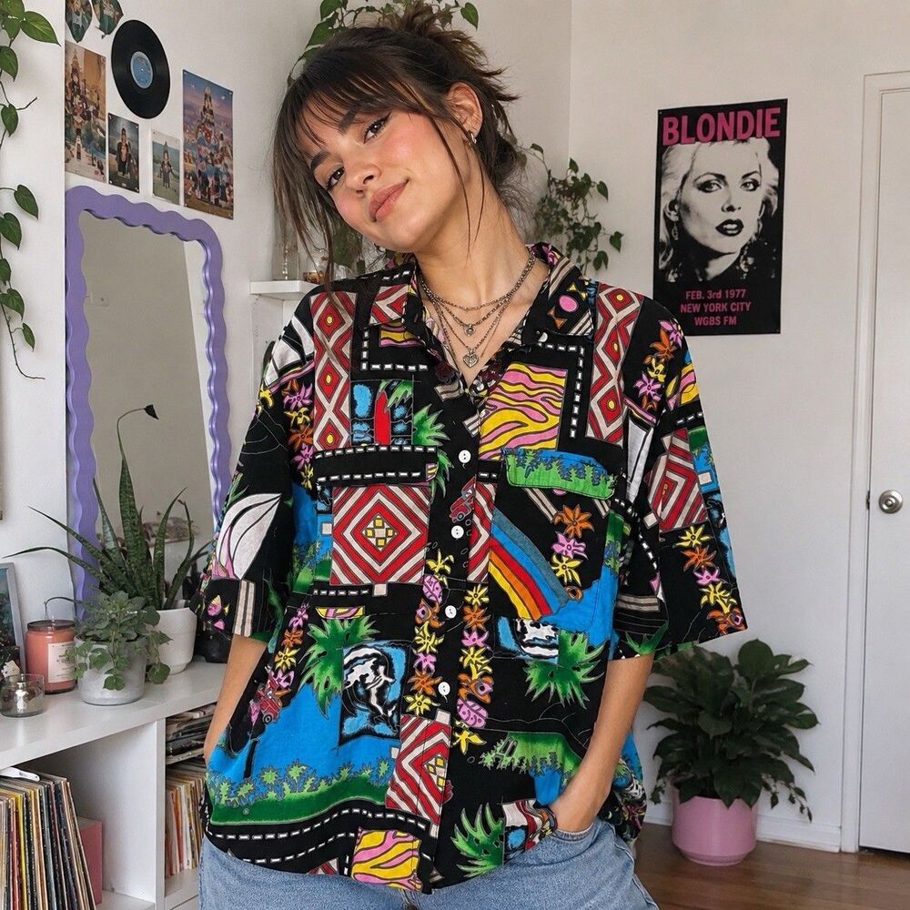 Vintage Howard Wolf Abstract Tropical Art Shirt Women's Large Made USA 90s L/XL